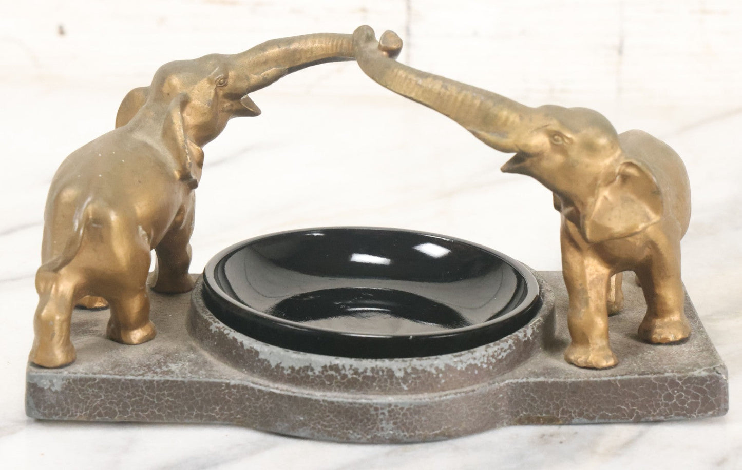 Lot 018 - Vintage Cast Pot Metal Elephant Trinket Dish And Amethyst Glass Insert, Note Various Wear, Cracks