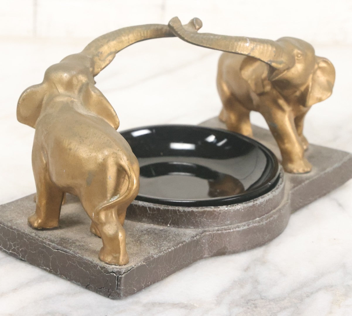 Lot 018 - Vintage Cast Pot Metal Elephant Trinket Dish And Amethyst Glass Insert, Note Various Wear, Cracks