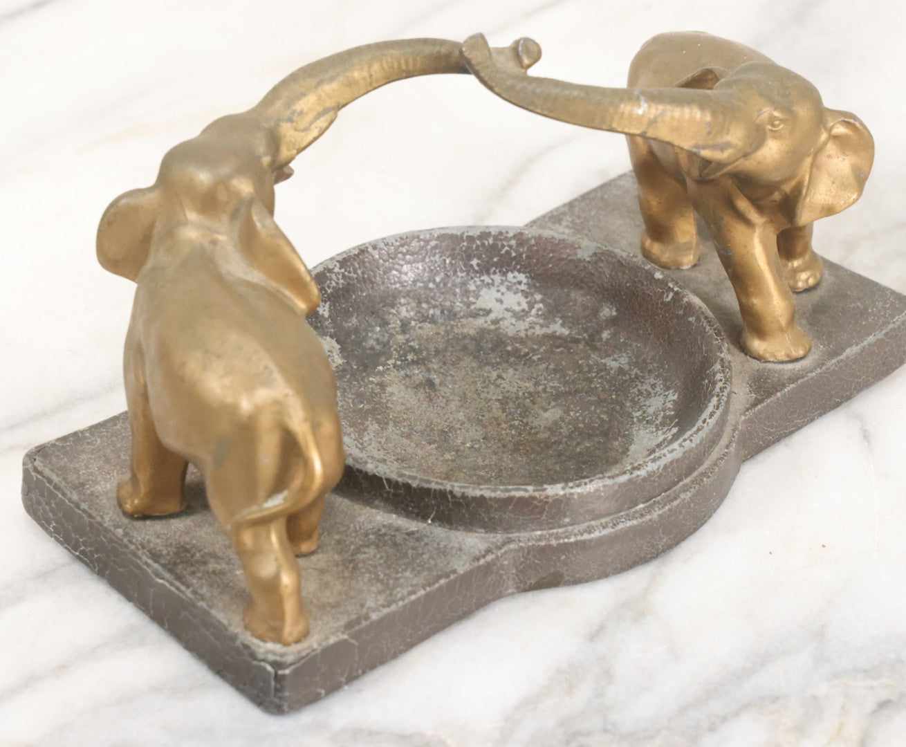 Lot 018 - Vintage Cast Pot Metal Elephant Trinket Dish And Amethyst Glass Insert, Note Various Wear, Cracks