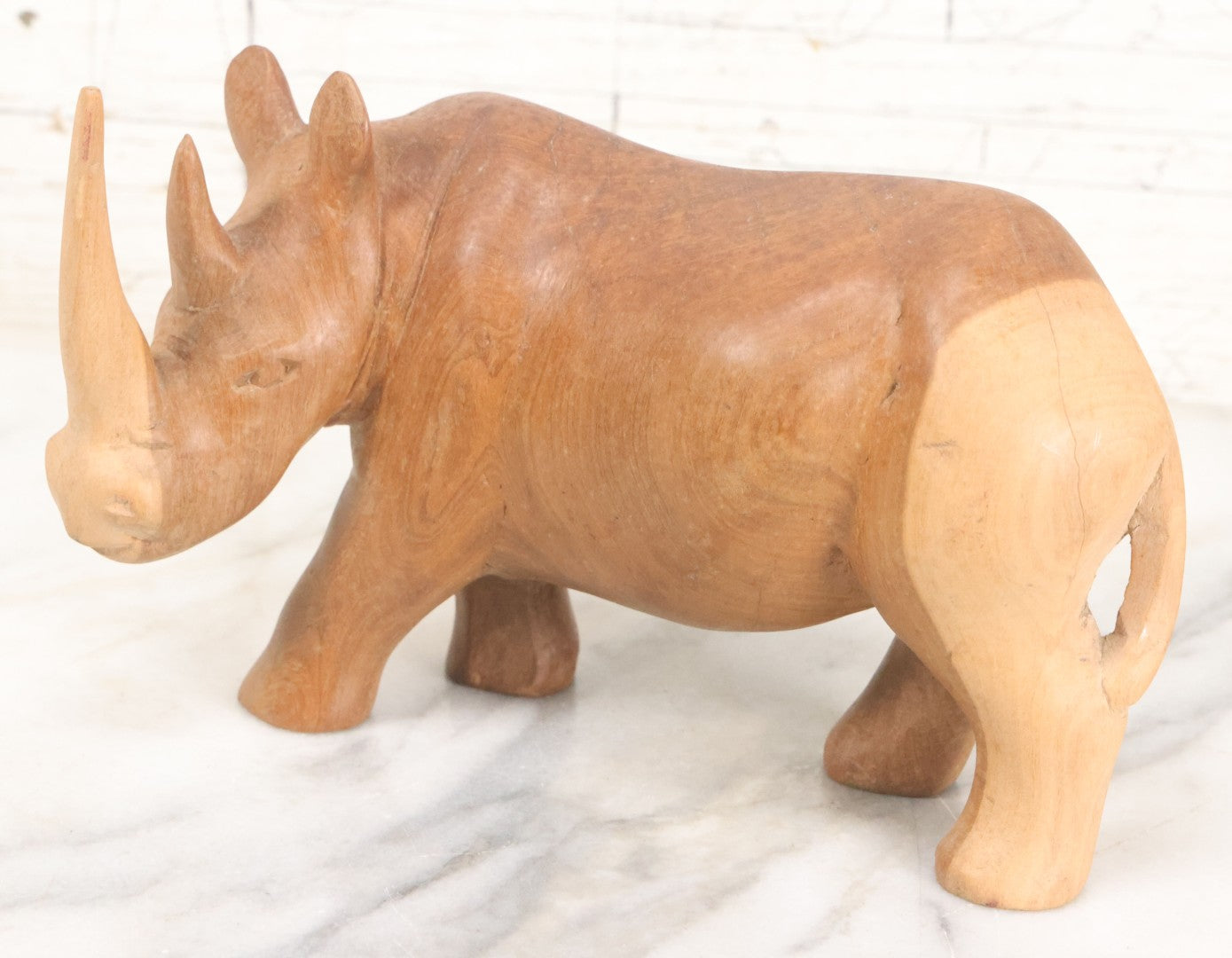 Lot 019 - Vintage Folk Art Hand Carved Wooden Rhinoceros Figurine, Approx. 7-1/2" Length