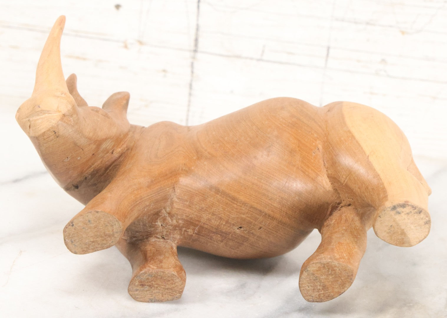 Lot 019 - Vintage Folk Art Hand Carved Wooden Rhinoceros Figurine, Approx. 7-1/2" Length