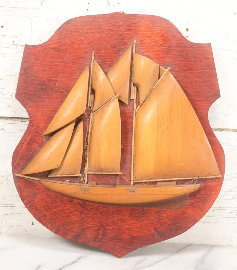 Lot 020 - Vintage Folk Art Wooden Half Hull Boat Model Plaque Wall Hanger With Wooden Sails, Note Torn Strings, Internal Dust, 14-1/2" x 16-1/2"