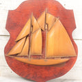 Lot 020 - Vintage Folk Art Wooden Half Hull Boat Model Plaque Wall Hanger With Wooden Sails, Note Torn Strings, Internal Dust, 14-1/2" x 16-1/2"