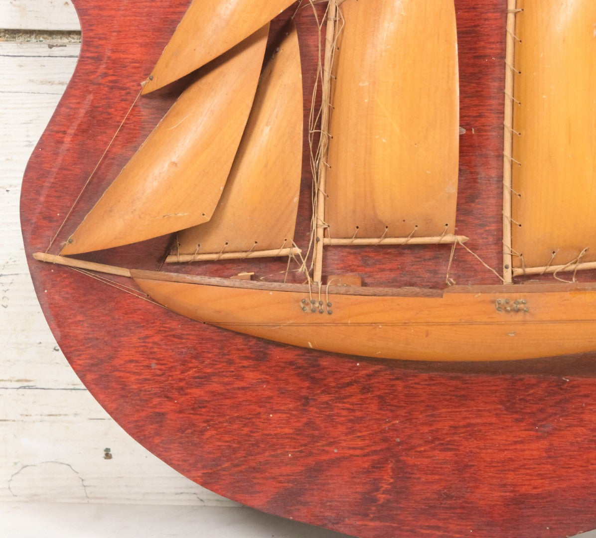 Lot 020 - Vintage Folk Art Wooden Half Hull Boat Model Plaque Wall Hanger With Wooden Sails, Note Torn Strings, Internal Dust, 14-1/2" x 16-1/2"
