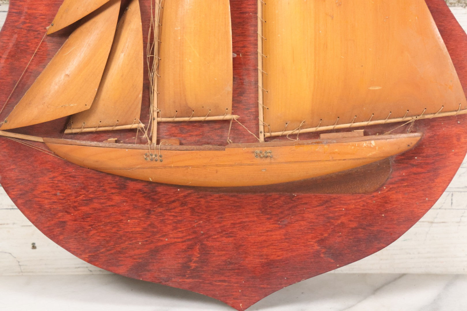 Lot 020 - Vintage Folk Art Wooden Half Hull Boat Model Plaque Wall Hanger With Wooden Sails, Note Torn Strings, Internal Dust, 14-1/2" x 16-1/2"