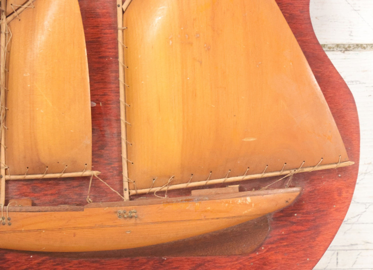 Lot 020 - Vintage Folk Art Wooden Half Hull Boat Model Plaque Wall Hanger With Wooden Sails, Note Torn Strings, Internal Dust, 14-1/2" x 16-1/2"