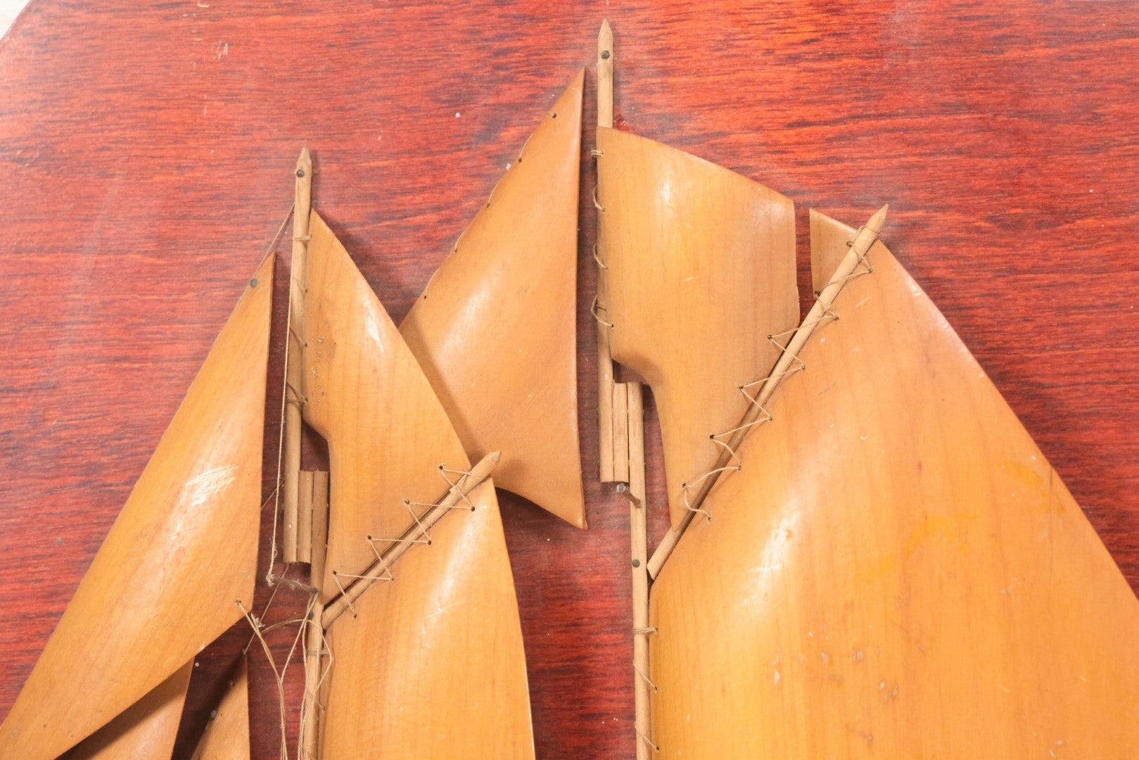 Lot 020 - Vintage Folk Art Wooden Half Hull Boat Model Plaque Wall Hanger With Wooden Sails, Note Torn Strings, Internal Dust, 14-1/2" x 16-1/2"