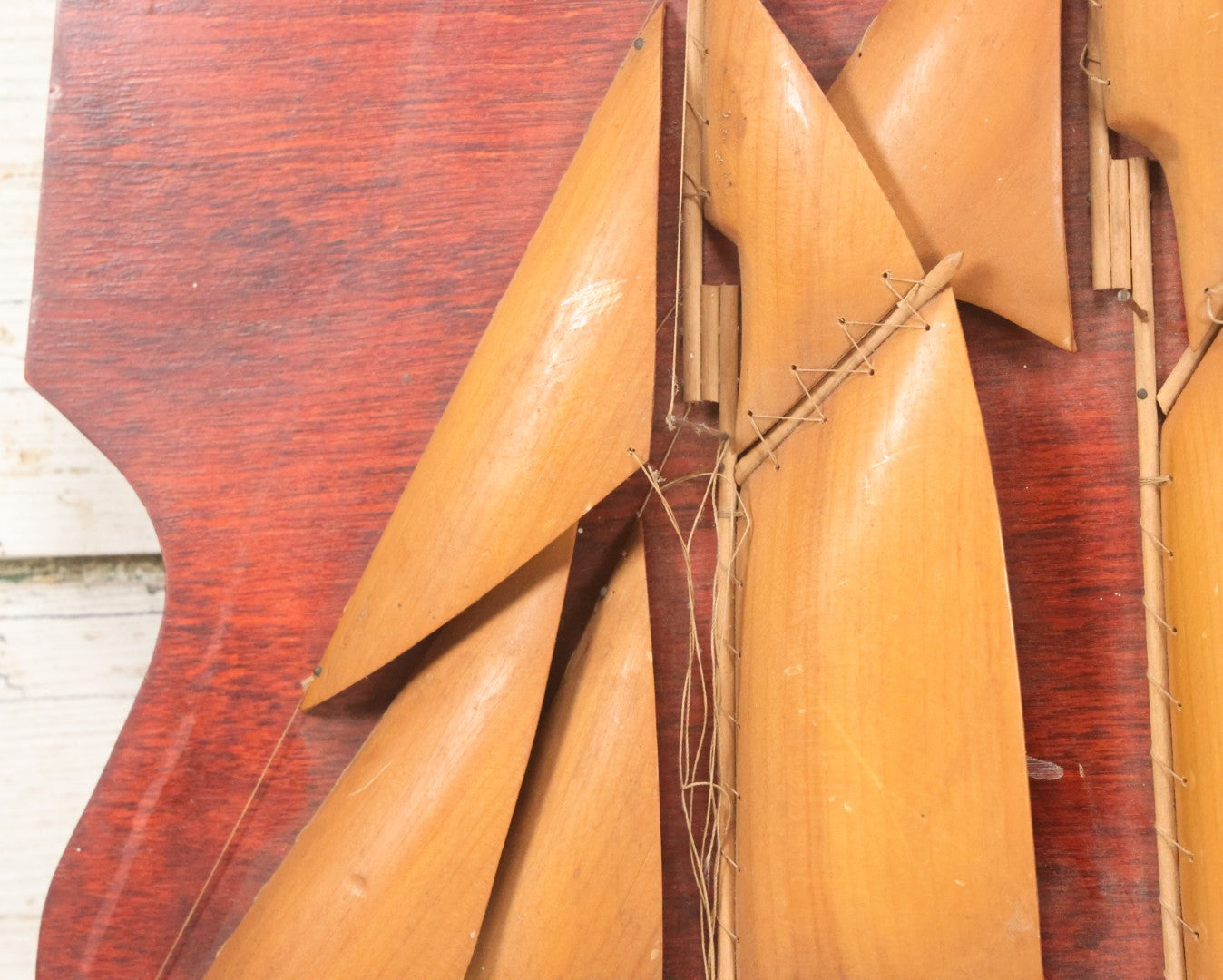 Lot 020 - Vintage Folk Art Wooden Half Hull Boat Model Plaque Wall Hanger With Wooden Sails, Note Torn Strings, Internal Dust, 14-1/2" x 16-1/2"