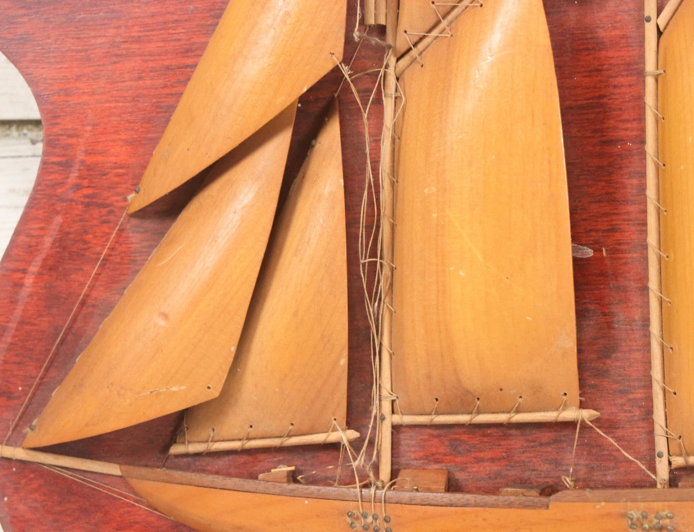 Lot 020 - Vintage Folk Art Wooden Half Hull Boat Model Plaque Wall Hanger With Wooden Sails, Note Torn Strings, Internal Dust, 14-1/2" x 16-1/2"