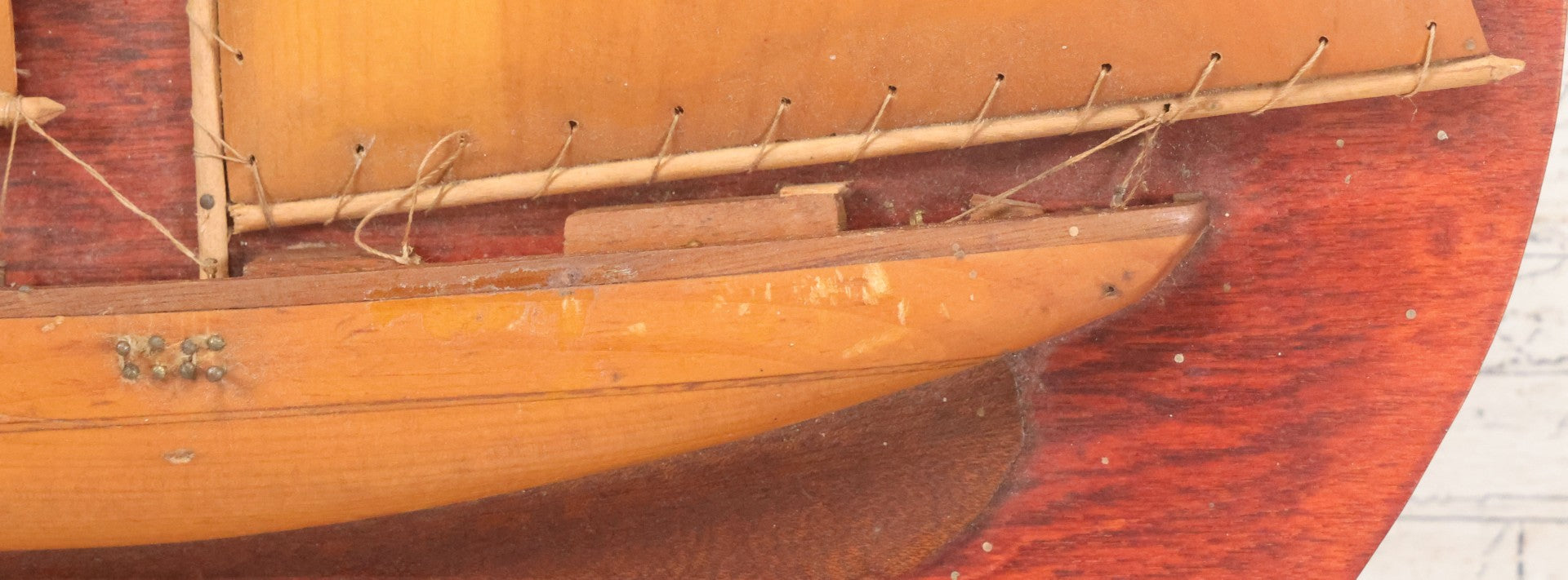 Lot 020 - Vintage Folk Art Wooden Half Hull Boat Model Plaque Wall Hanger With Wooden Sails, Note Torn Strings, Internal Dust, 14-1/2" x 16-1/2"