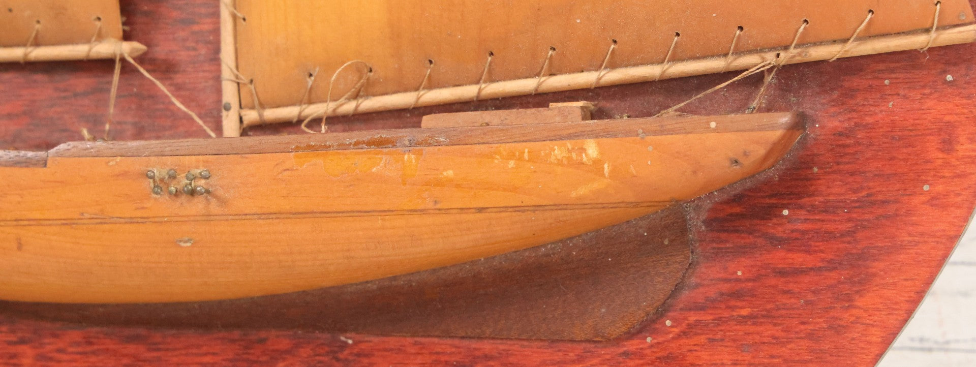 Lot 020 - Vintage Folk Art Wooden Half Hull Boat Model Plaque Wall Hanger With Wooden Sails, Note Torn Strings, Internal Dust, 14-1/2" x 16-1/2"