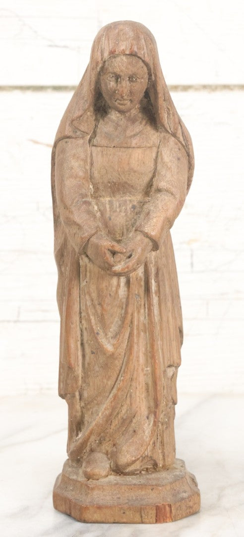 Lot 021 - Antique Folk Art Hand Carved Wooden Nun Statue, 10-1/4" High