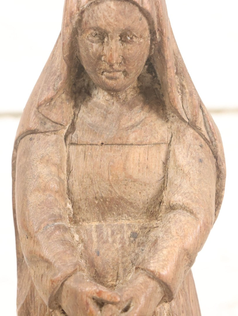 Lot 021 - Antique Folk Art Hand Carved Wooden Nun Statue, 10-1/4" High