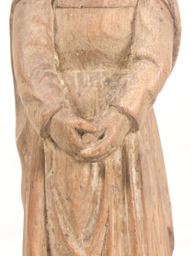 Lot 021 - Antique Folk Art Hand Carved Wooden Nun Statue, 10-1/4" High