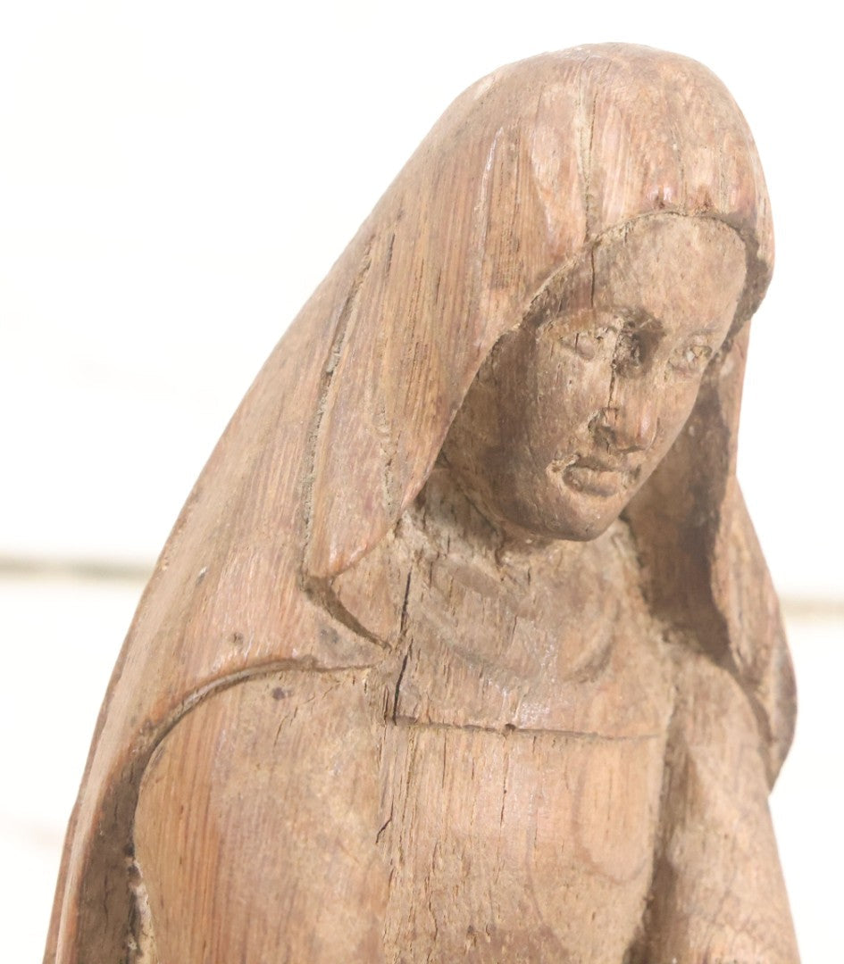 Lot 021 - Antique Folk Art Hand Carved Wooden Nun Statue, 10-1/4" High