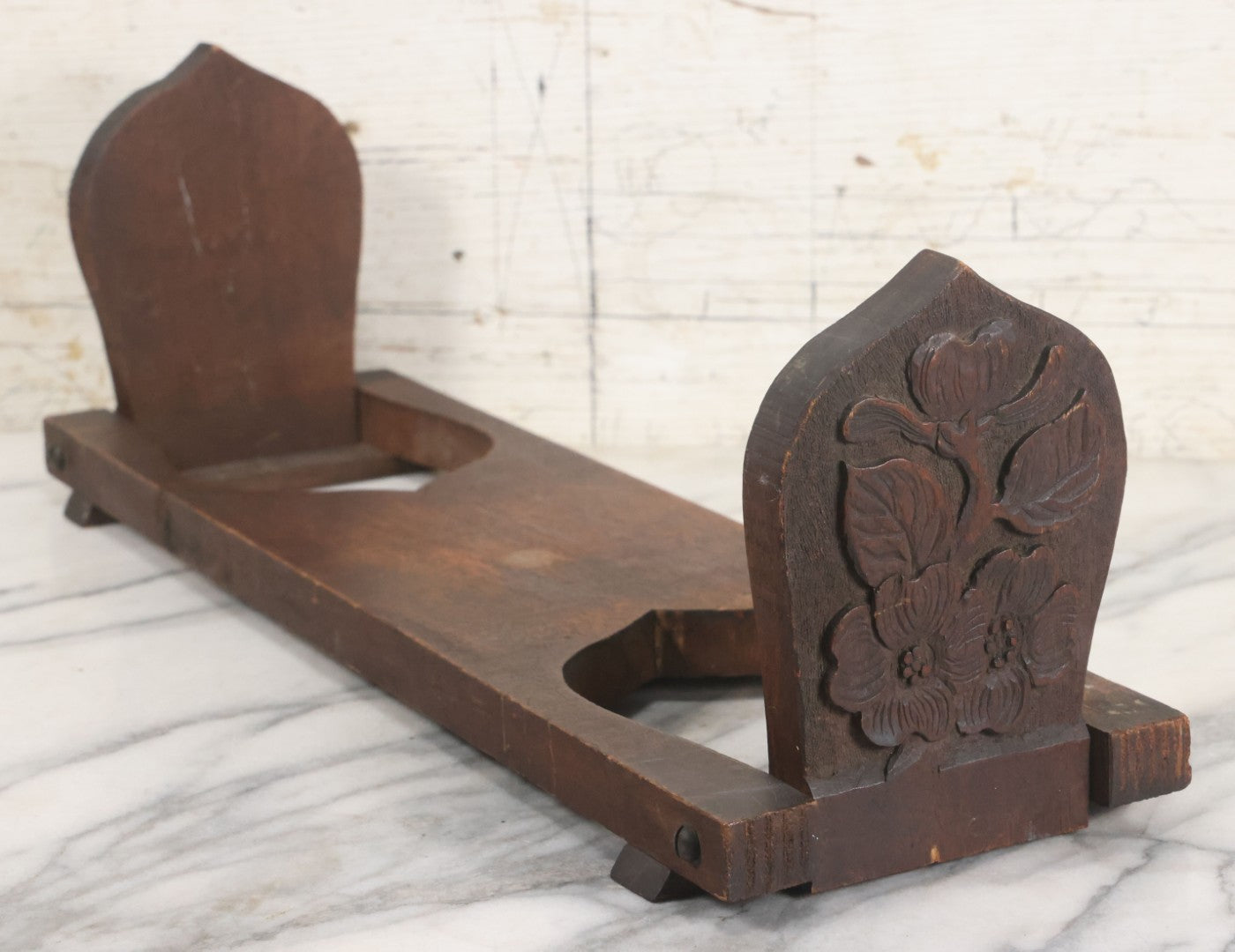 Lot 023 - Antique Hand Carved Wooden Arts And Crafts Folding Bookstand With Flower Motif, 20" x 6"