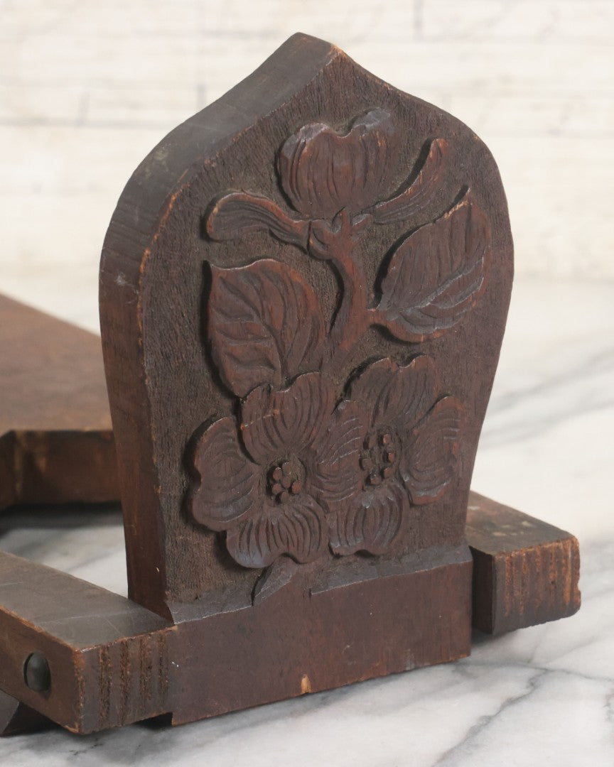 Lot 023 - Antique Hand Carved Wooden Arts And Crafts Folding Bookstand With Flower Motif, 20" x 6"