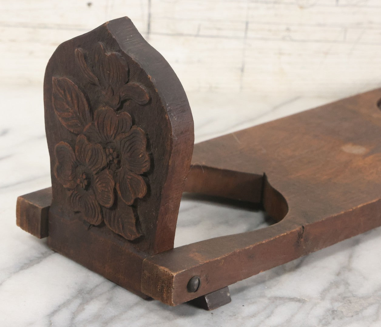 Lot 023 - Antique Hand Carved Wooden Arts And Crafts Folding Bookstand With Flower Motif, 20" x 6"