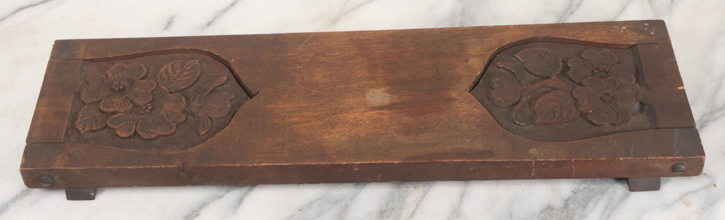 Lot 023 - Antique Hand Carved Wooden Arts And Crafts Folding Bookstand With Flower Motif, 20" x 6"