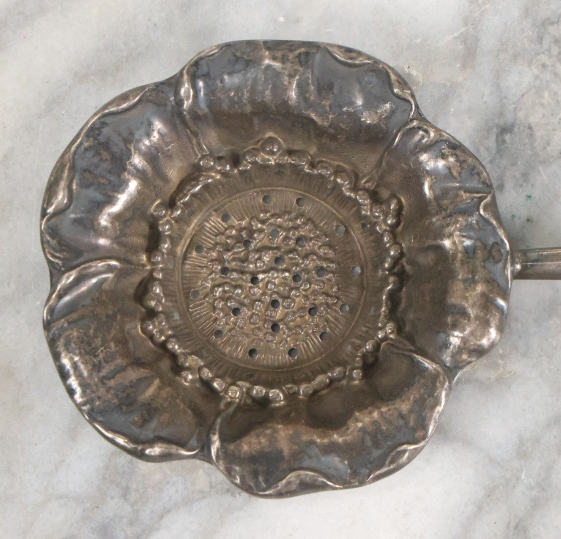 Lot 028 - Antique Sterling Silver Anemone Flower Tea Strainer With Octagonal Black Lacquered Wooden Handle, Marked "Sterling-A"
