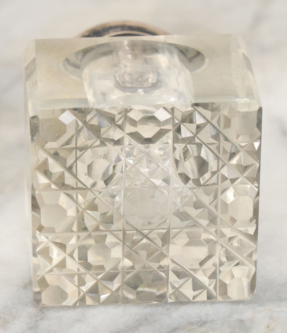 Lot 029 - Antique Cut Glass Inkwell With Art Nouveau Sterling Silver Lid With Woman Head And Lily Motif, Marked Sterling, With Hallmark, No. 1560