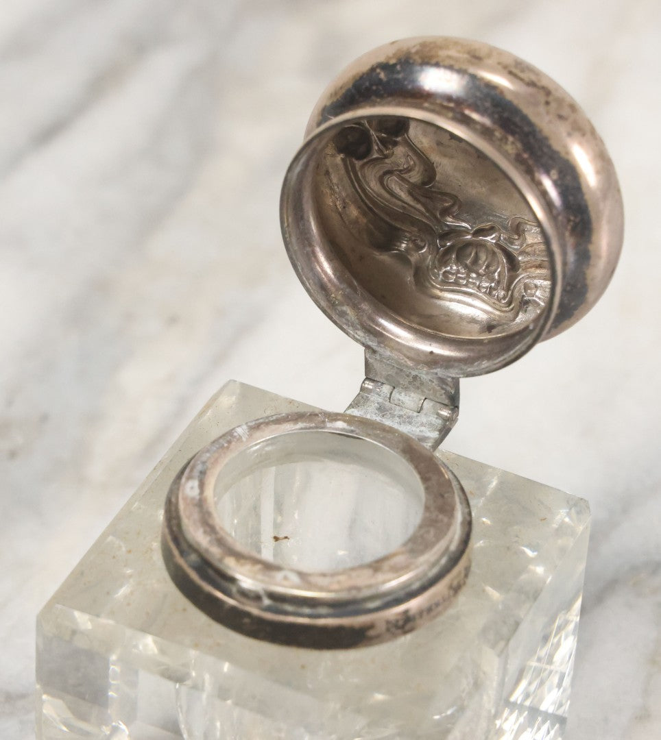 Lot 029 - Antique Cut Glass Inkwell With Art Nouveau Sterling Silver Lid With Woman Head And Lily Motif, Marked Sterling, With Hallmark, No. 1560