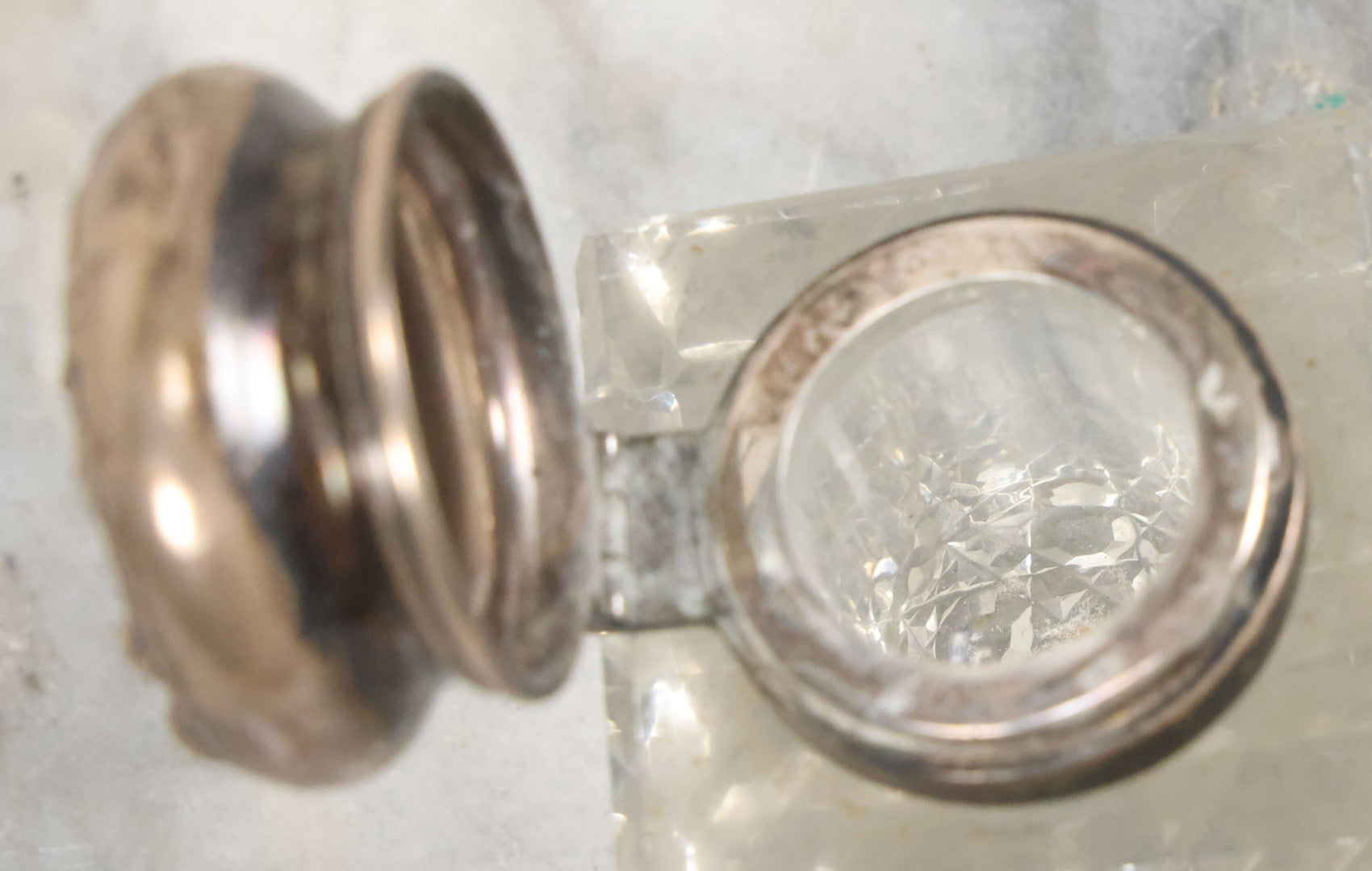 Lot 029 - Antique Cut Glass Inkwell With Art Nouveau Sterling Silver Lid With Woman Head And Lily Motif, Marked Sterling, With Hallmark, No. 1560