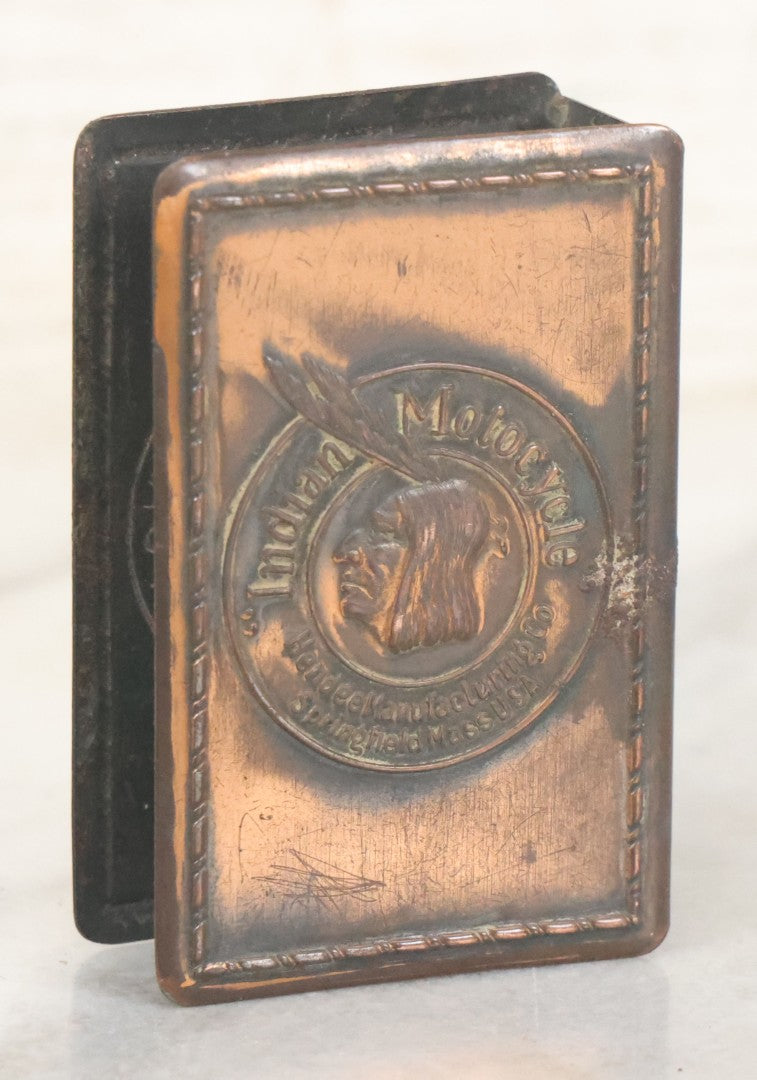 Lot 030 - Antique Indian Motorcycle "Power Plus, The New Indian Motor" Copper Advertising Matchbox Holder By Hendee Manufacturing Co., Springfield, Massachusetts, Circa 1916