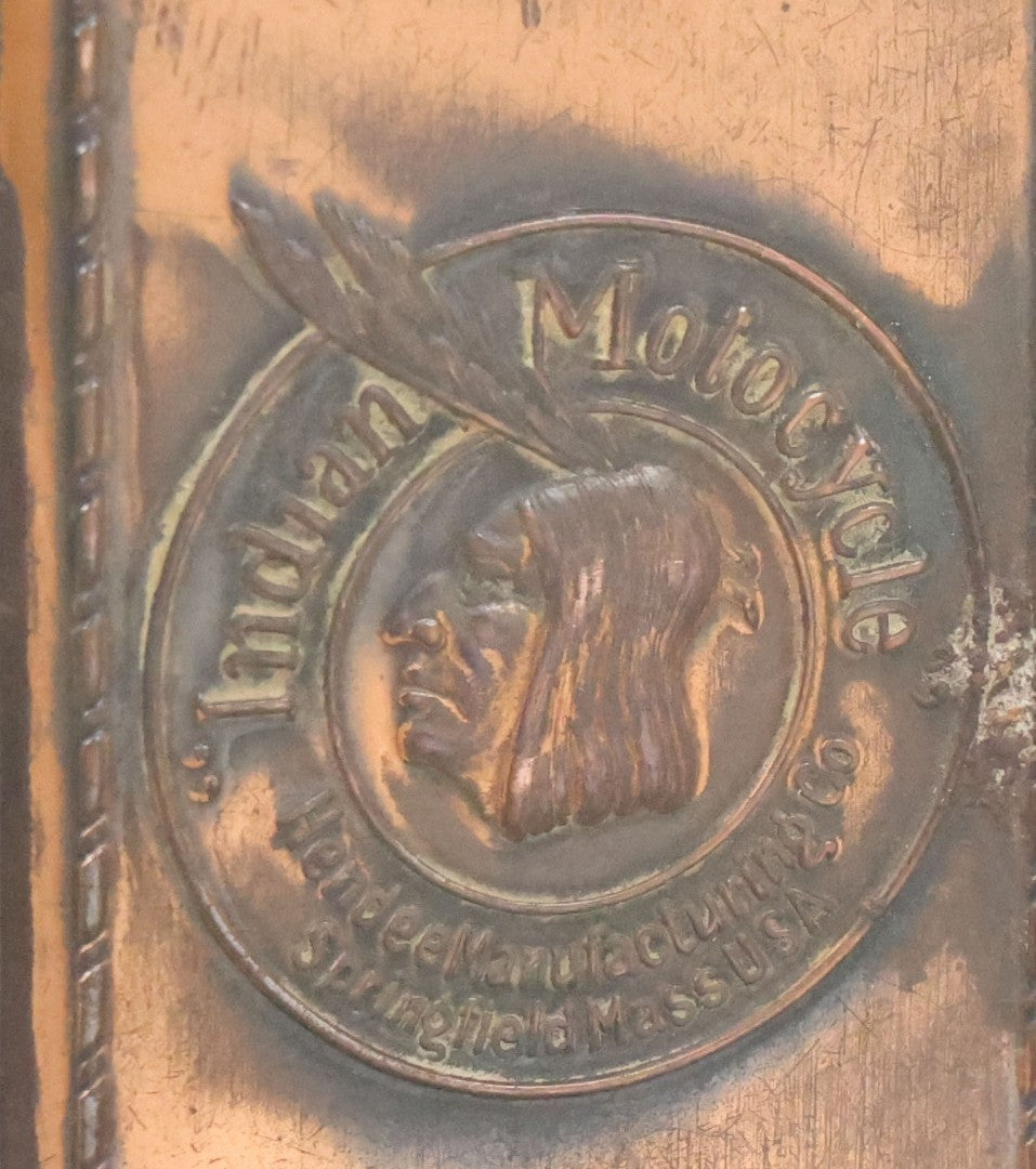 Lot 030 - Antique Indian Motorcycle "Power Plus, The New Indian Motor" Copper Advertising Matchbox Holder By Hendee Manufacturing Co., Springfield, Massachusetts, Circa 1916