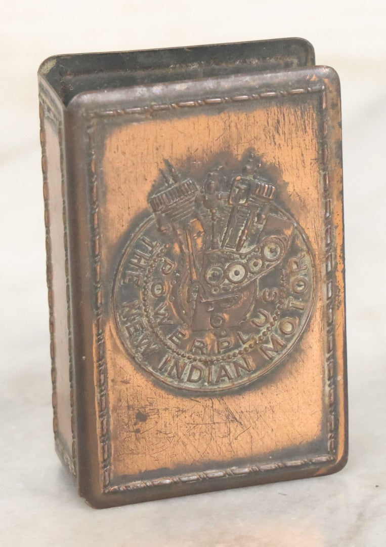 Lot 030 - Antique Indian Motorcycle "Power Plus, The New Indian Motor" Copper Advertising Matchbox Holder By Hendee Manufacturing Co., Springfield, Massachusetts, Circa 1916