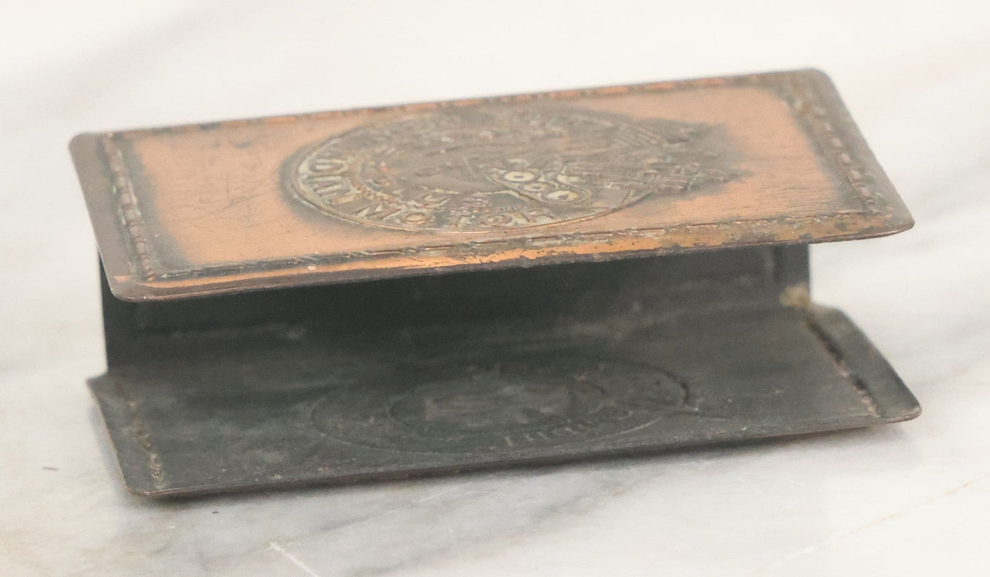 Lot 030 - Antique Indian Motorcycle "Power Plus, The New Indian Motor" Copper Advertising Matchbox Holder By Hendee Manufacturing Co., Springfield, Massachusetts, Circa 1916