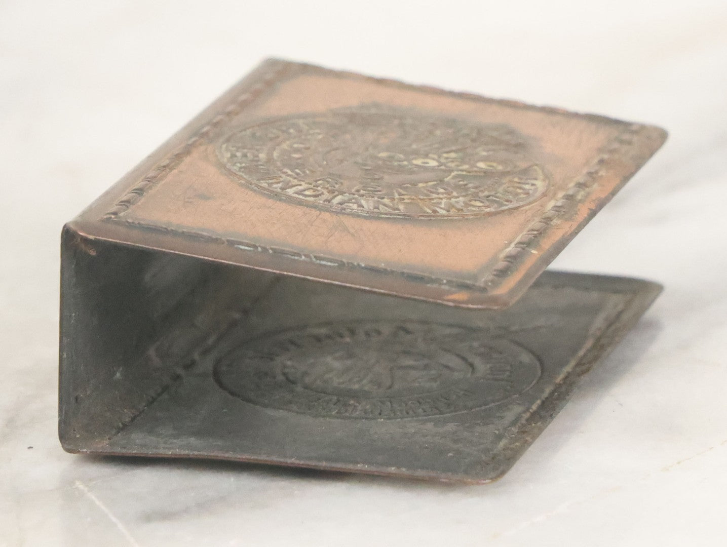 Lot 030 - Antique Indian Motorcycle "Power Plus, The New Indian Motor" Copper Advertising Matchbox Holder By Hendee Manufacturing Co., Springfield, Massachusetts, Circa 1916