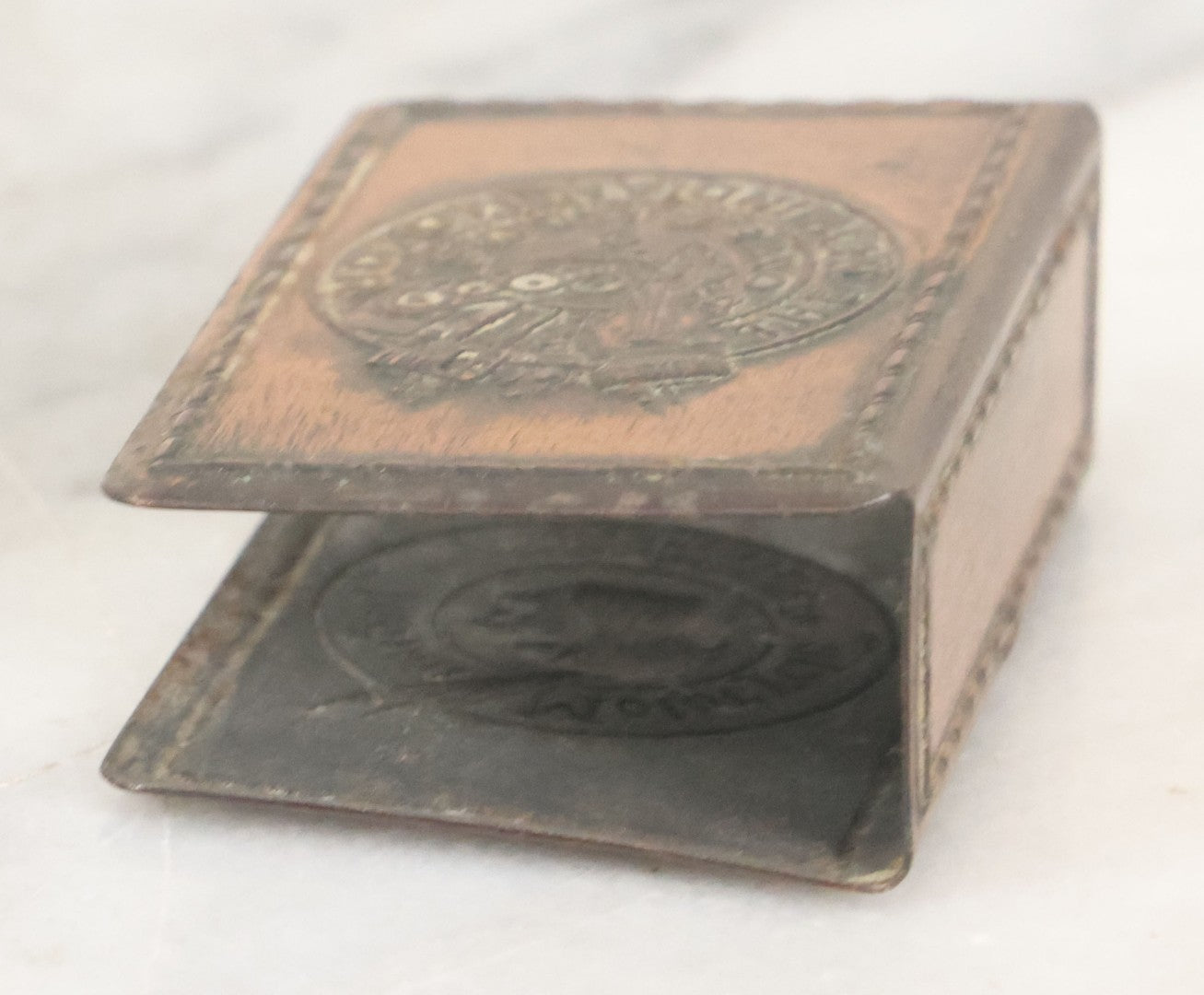 Lot 030 - Antique Indian Motorcycle "Power Plus, The New Indian Motor" Copper Advertising Matchbox Holder By Hendee Manufacturing Co., Springfield, Massachusetts, Circa 1916