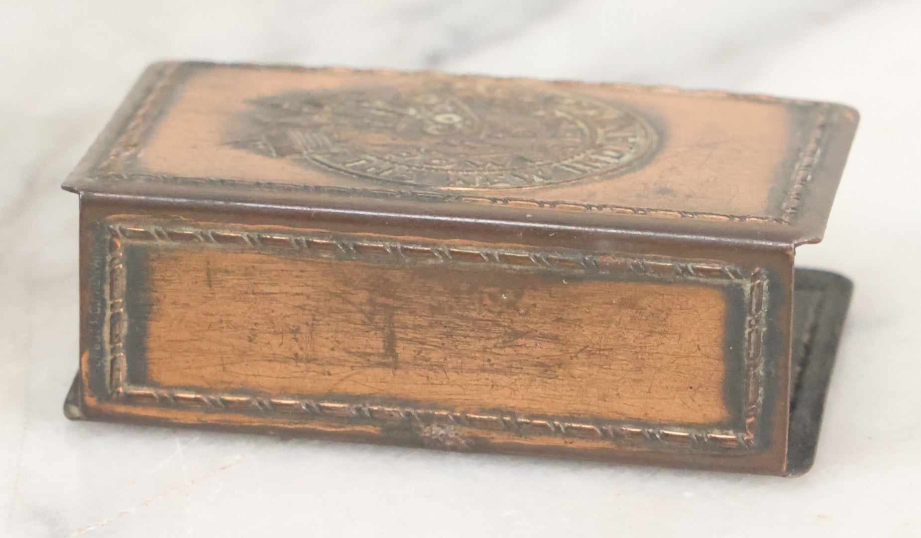 Lot 030 - Antique Indian Motorcycle "Power Plus, The New Indian Motor" Copper Advertising Matchbox Holder By Hendee Manufacturing Co., Springfield, Massachusetts, Circa 1916