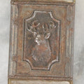 Lot 031 - Antique Tin Hunter's Match Safe With Elk, Hunting Dog, And Fishing Hook Motif, Circa 1920s, Note Minor Rust
