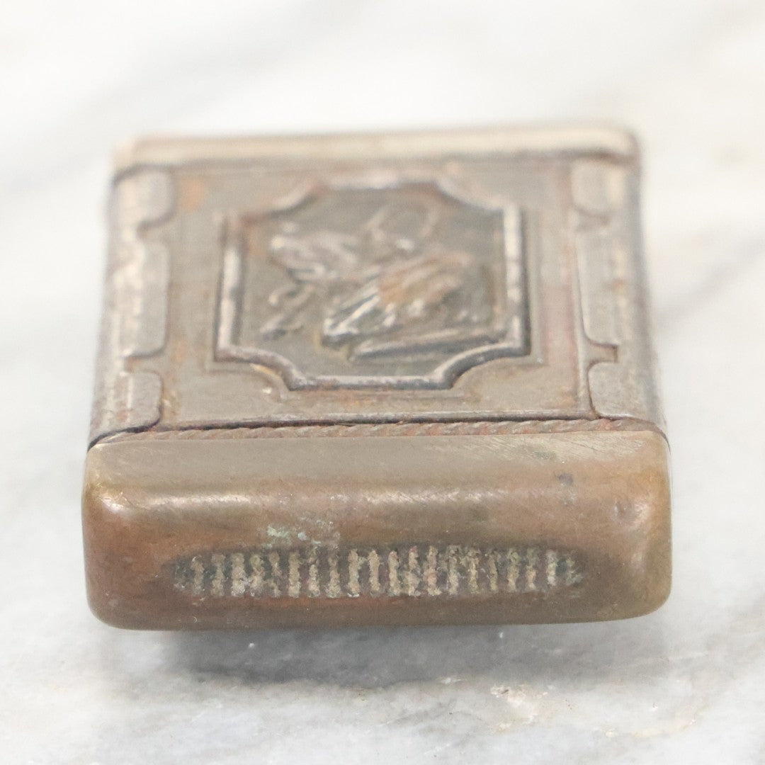 Lot 031 - Antique Tin Hunter's Match Safe With Elk, Hunting Dog, And Fishing Hook Motif, Circa 1920s, Note Minor Rust