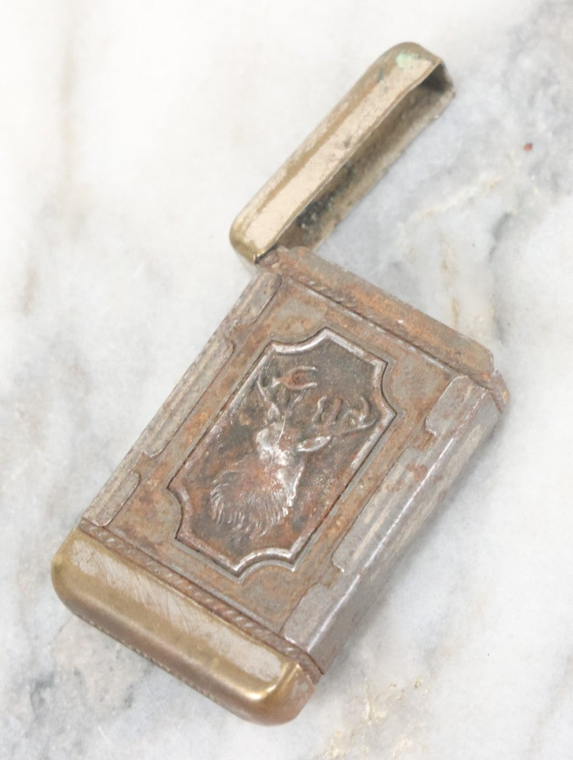 Lot 031 - Antique Tin Hunter's Match Safe With Elk, Hunting Dog, And Fishing Hook Motif, Circa 1920s, Note Minor Rust