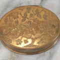 Lot 037 - Antique Oval Shaped Brass Pill Box With Hinged Lid With Bird And Grapes Motif, Marked Volupte, U.S.A.