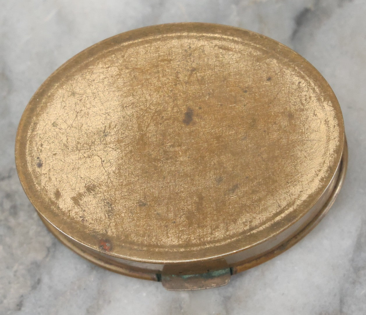 Lot 037 - Antique Oval Shaped Brass Pill Box With Hinged Lid With Bird And Grapes Motif, Marked Volupte, U.S.A.