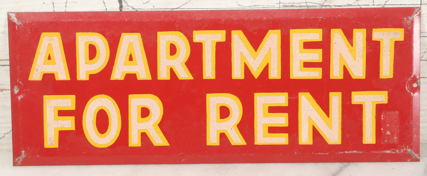 Lot 024 - Vintage Red Apartment For Rent Tin Tacker Sign With Smaltz Lettering, White Letters With Yellow Outlines (A), 9-1/4" x 3-1/2"