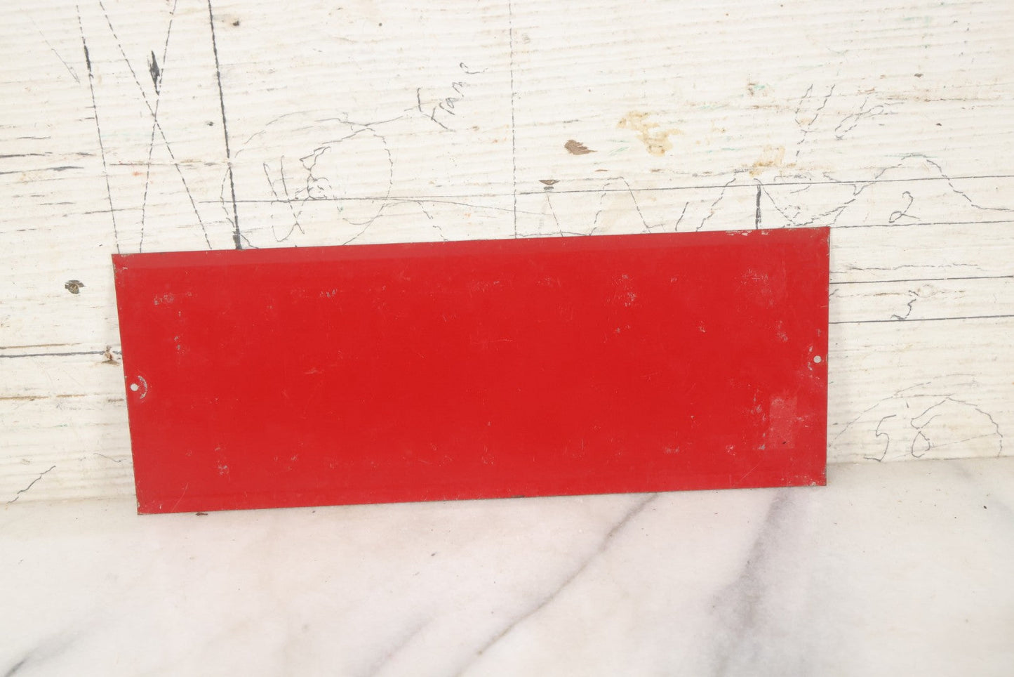 Lot 024 - Vintage Red Apartment For Rent Tin Tacker Sign With Smaltz Lettering, White Letters With Yellow Outlines (A), 9-1/4" x 3-1/2"