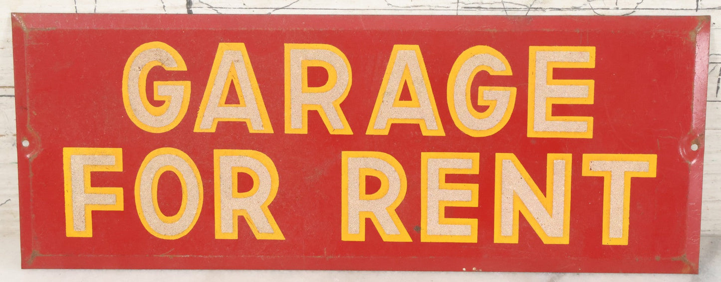 Lot 025 - Vintage Red Garage For Rent Tin Tacker Sign With Smaltz Lettering, White Letters With Yellow Outlines, 9-1/4" x 3-1/2"