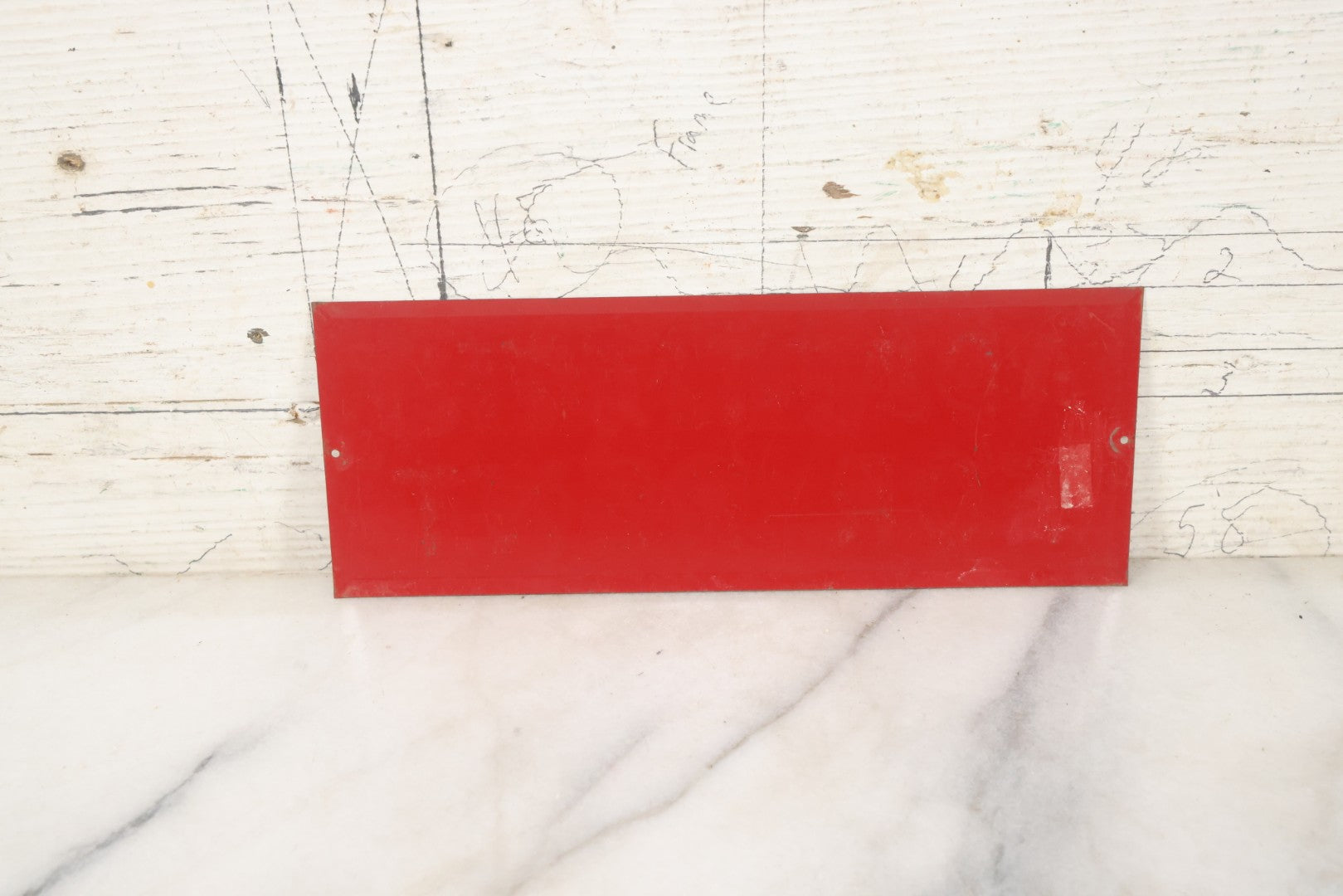 Lot 025 - Vintage Red Garage For Rent Tin Tacker Sign With Smaltz Lettering, White Letters With Yellow Outlines, 9-1/4" x 3-1/2"