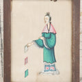 Lot 045 - Antique Chinese Pith Rice Paper Painting Of Woman Dropping Handkerchief, Paper Label On Verso From Henry R. Johnson, Fine Arts Department Store, Springfield, Massachusetts, 5" x 6-1/2"