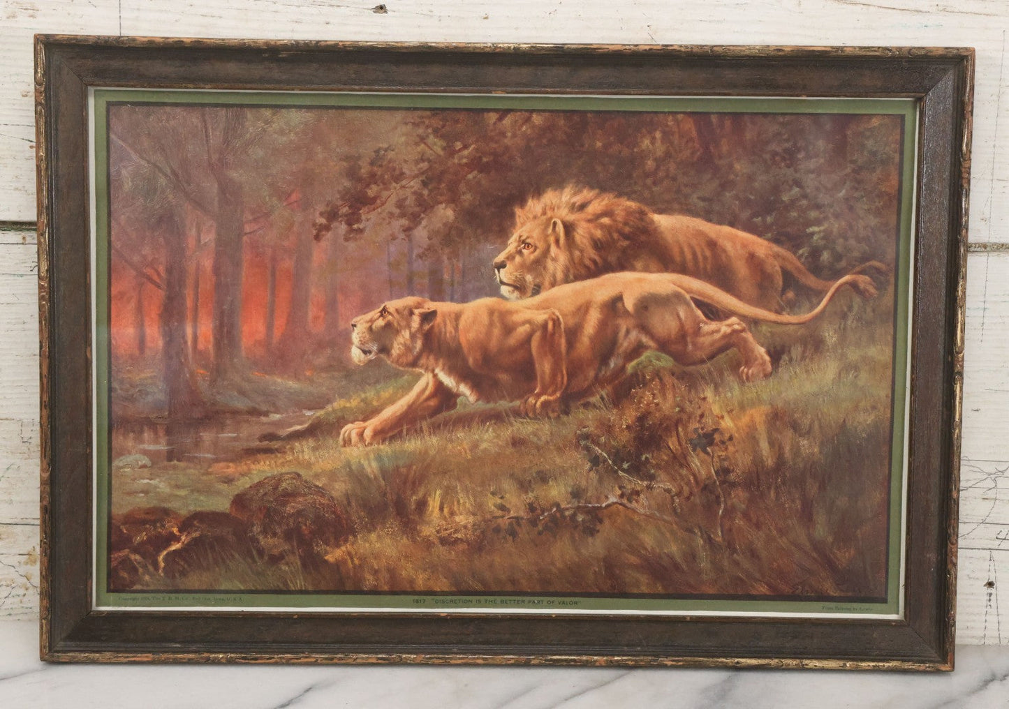 Lot 047 - Antique Print Of Lion And Lioness Titled Discretion Is The Better Part Of Valor, After A Painting By Lewis, Copyright 1916, The T.D.M. Co., Red Oak Iowa, Framed, 18-5/8" x 12-5/8"
