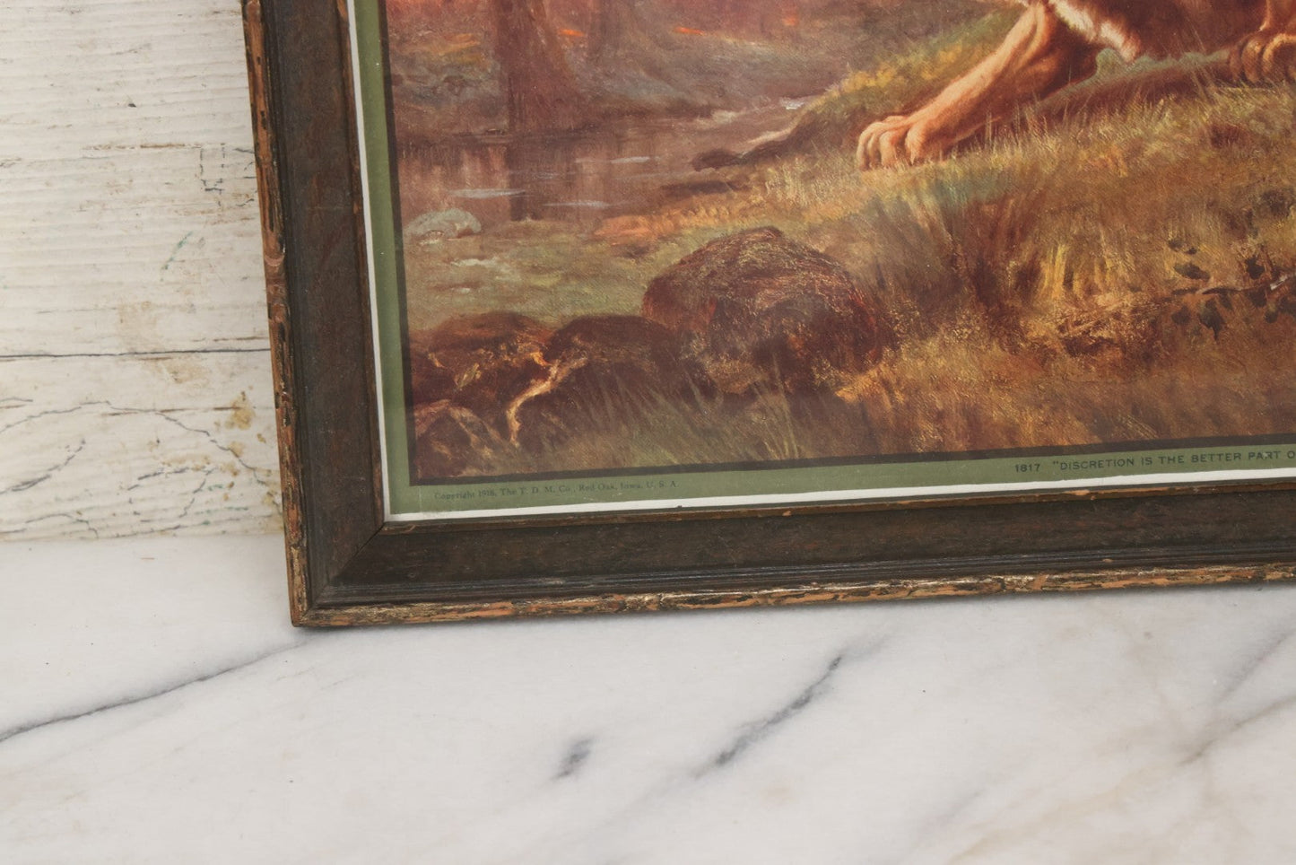 Lot 047 - Antique Print Of Lion And Lioness Titled Discretion Is The Better Part Of Valor, After A Painting By Lewis, Copyright 1916, The T.D.M. Co., Red Oak Iowa, Framed, 18-5/8" x 12-5/8"