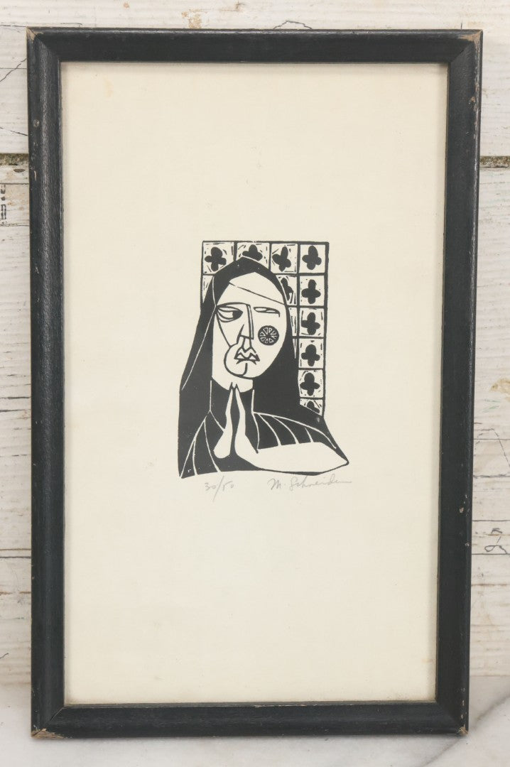 Lot 049 - Vintage Wood Block Print Of Praying Nun With Suspicious Expression, No. 30/50, Artist Signed M. Schneider, 6-3/4" x 10-5/8"