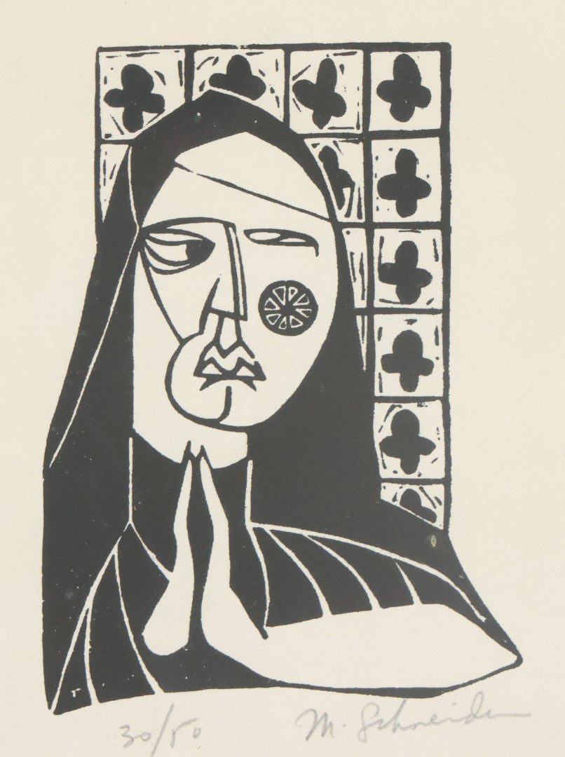 Lot 049 - Vintage Wood Block Print Of Praying Nun With Suspicious Expression, No. 30/50, Artist Signed M. Schneider, 6-3/4" x 10-5/8"