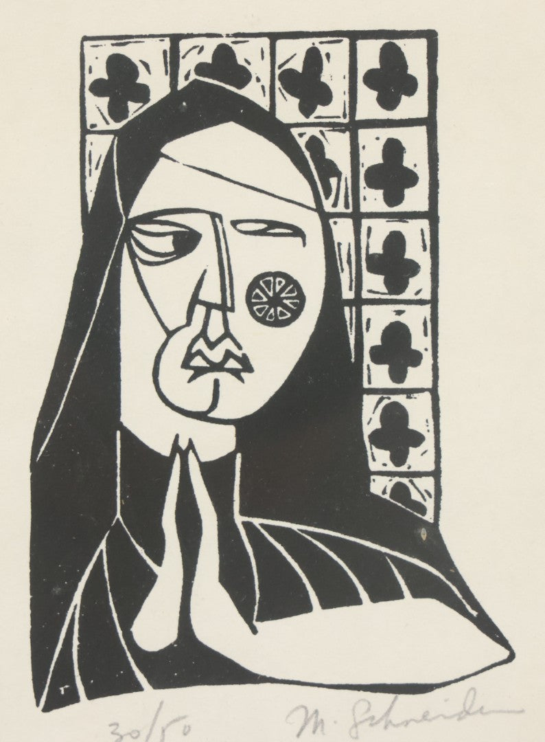 Lot 049 - Vintage Wood Block Print Of Praying Nun With Suspicious Expression, No. 30/50, Artist Signed M. Schneider, 6-3/4" x 10-5/8"