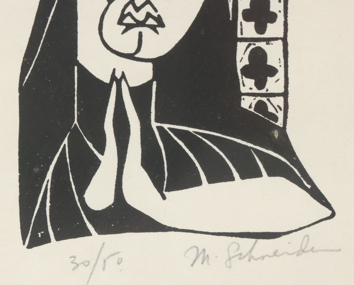 Lot 049 - Vintage Wood Block Print Of Praying Nun With Suspicious Expression, No. 30/50, Artist Signed M. Schneider, 6-3/4" x 10-5/8"